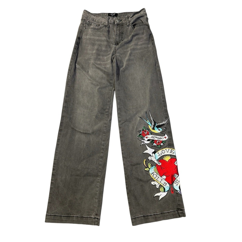 Ed Hardy Grey Denim Jeans Waist 26 Love Kills Slowly Embroidered Womens Rose